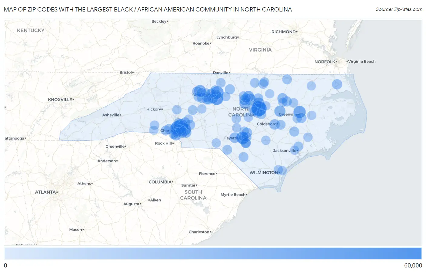 Zip Codes with the Largest Black / African American Community in North Carolina Map