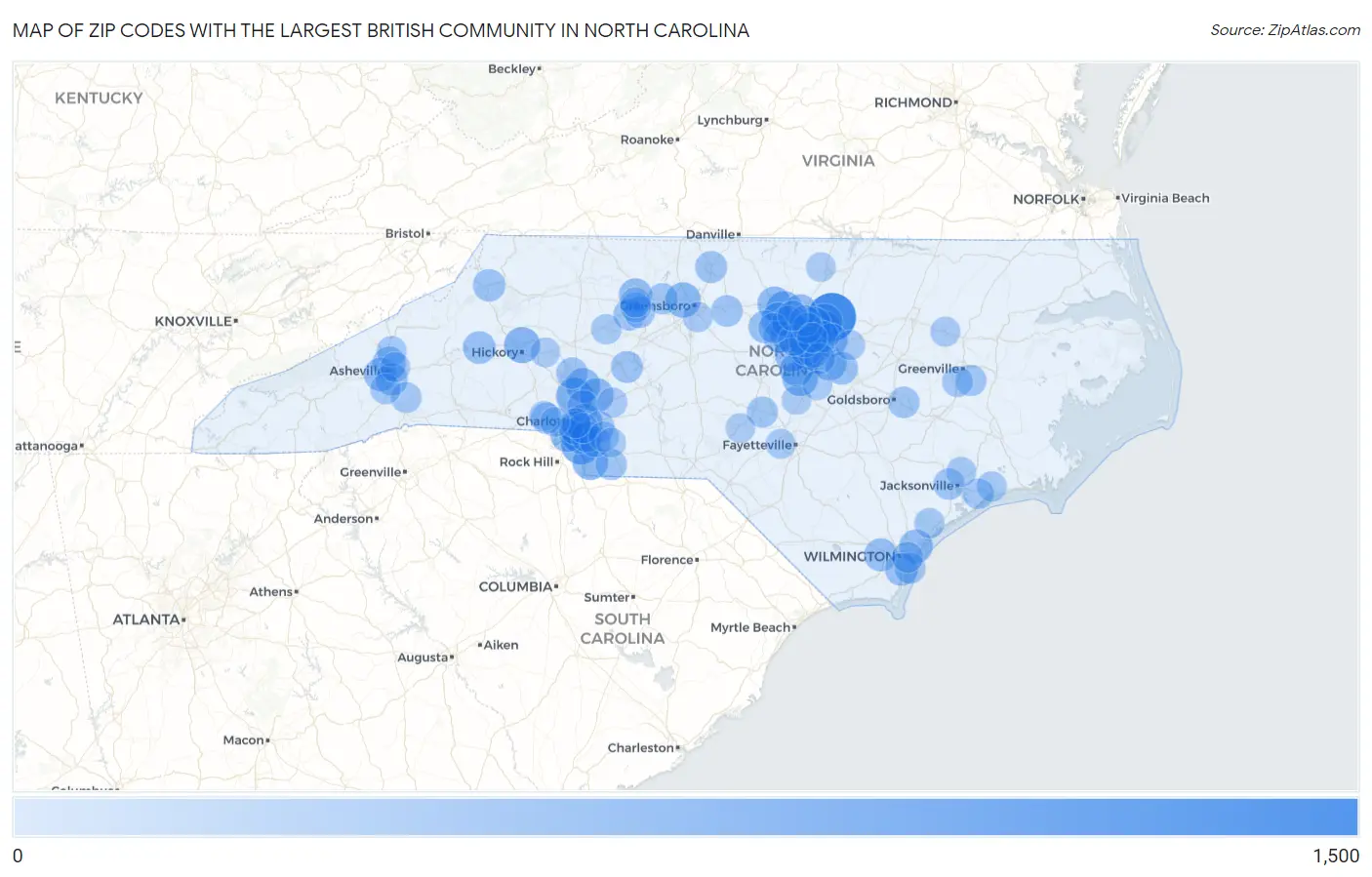 Zip Codes with the Largest British Community in North Carolina Map