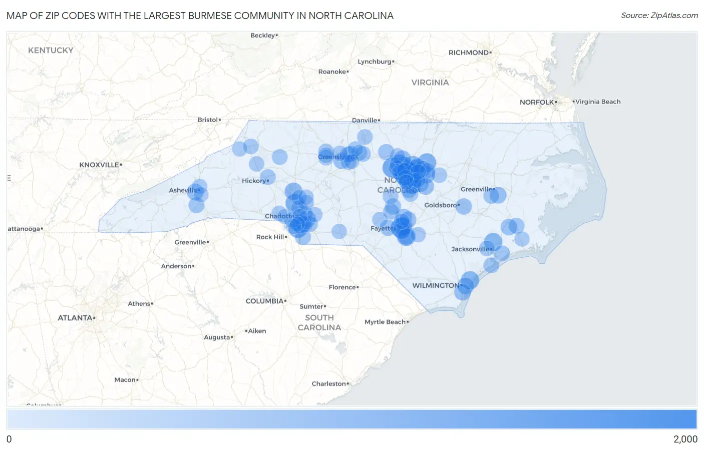 Zip Codes with the Largest Burmese Community in North Carolina Map