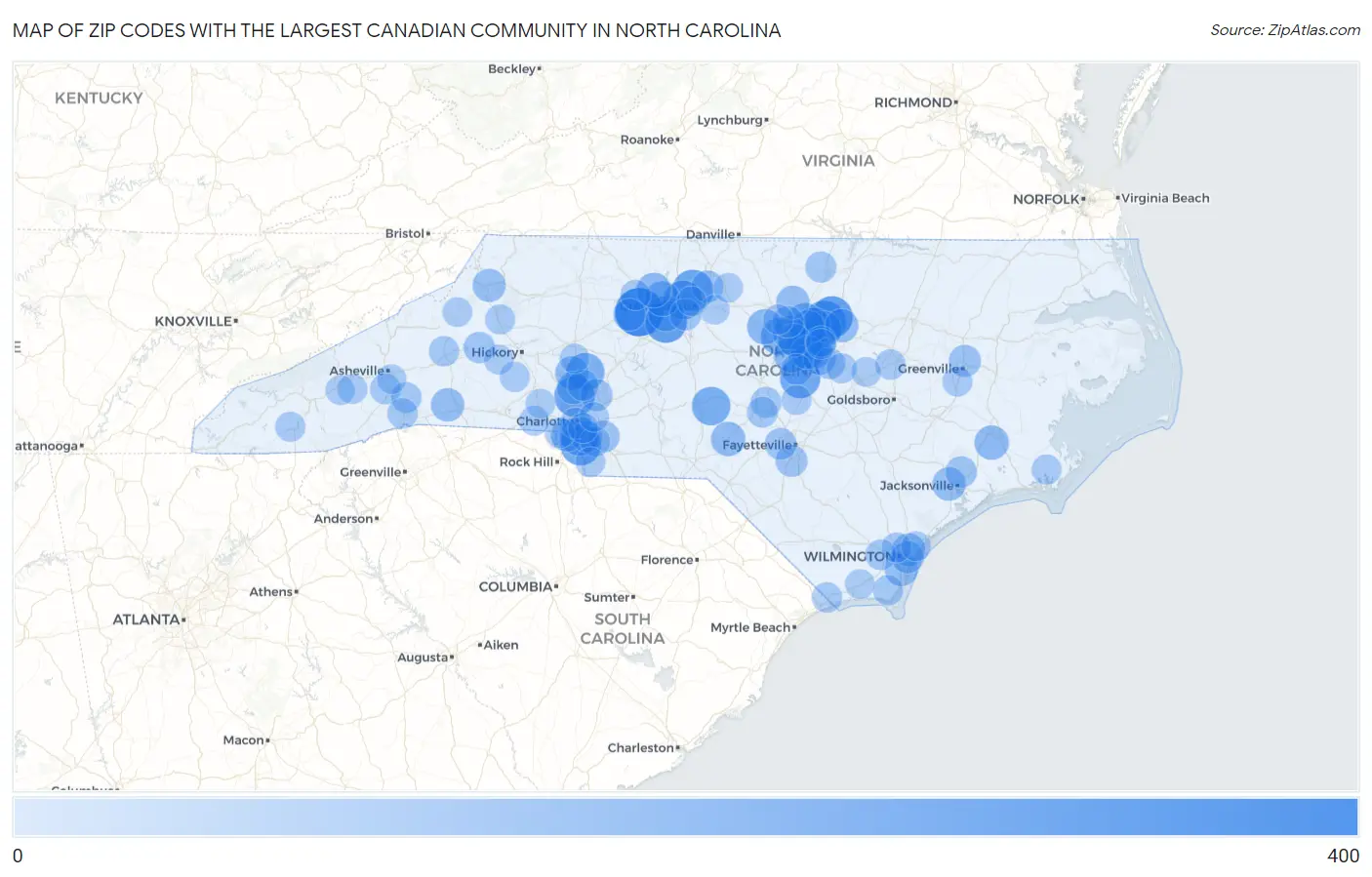 Zip Codes with the Largest Canadian Community in North Carolina Map