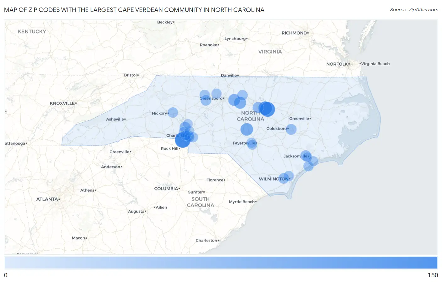 Zip Codes with the Largest Cape Verdean Community in North Carolina Map