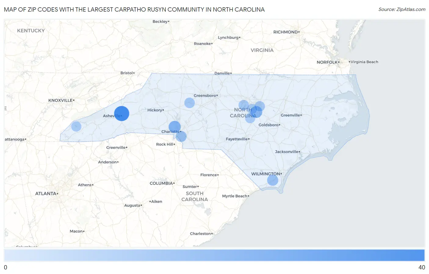 Zip Codes with the Largest Carpatho Rusyn Community in North Carolina Map