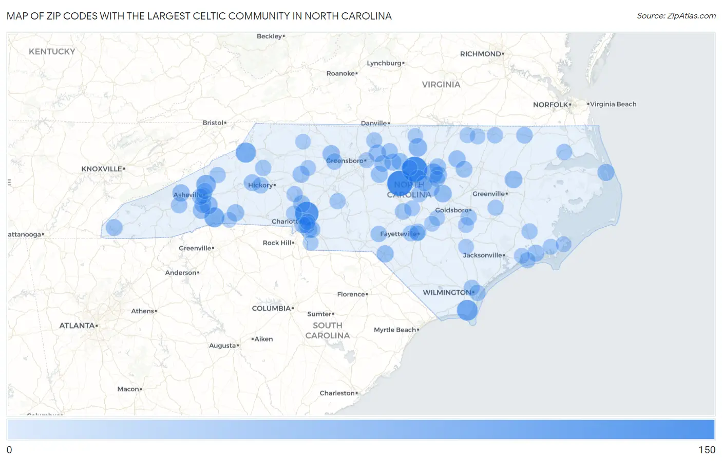 Zip Codes with the Largest Celtic Community in North Carolina Map