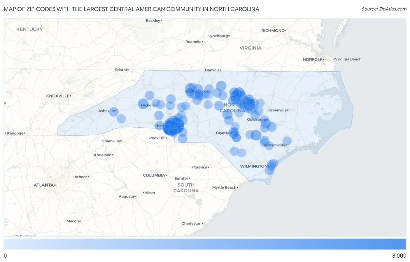 Zip Codes with the Largest Central American Community in North Carolina Map