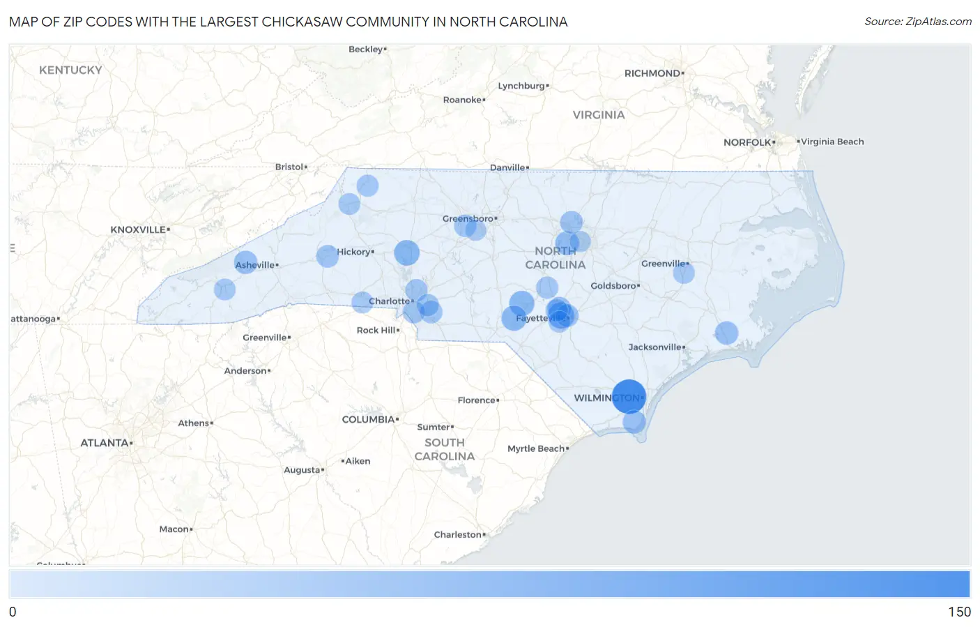 Zip Codes with the Largest Chickasaw Community in North Carolina Map