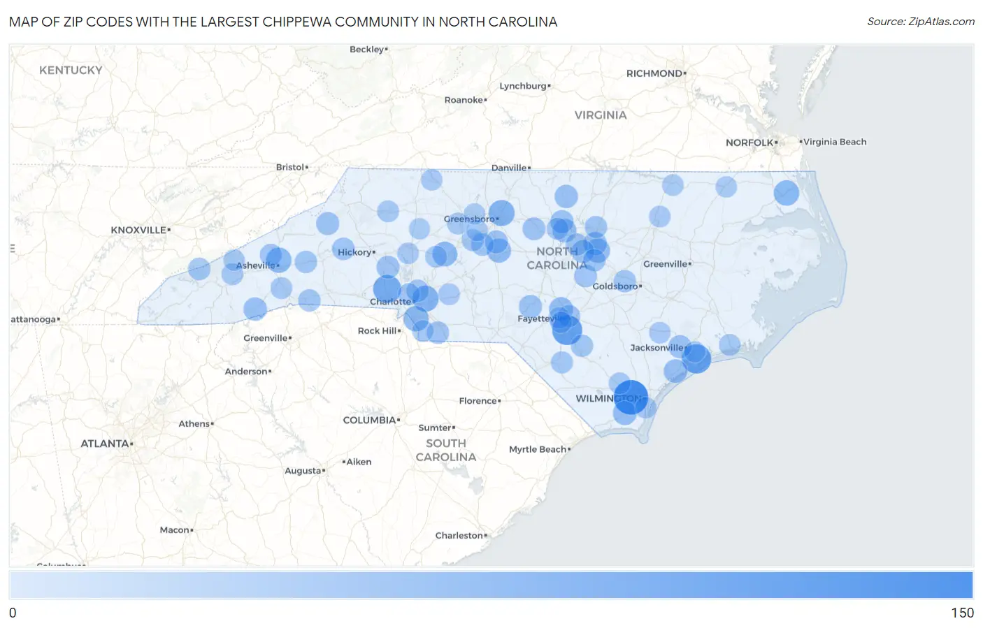 Zip Codes with the Largest Chippewa Community in North Carolina Map