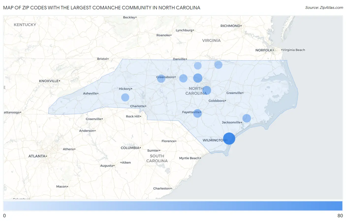 Zip Codes with the Largest Comanche Community in North Carolina Map