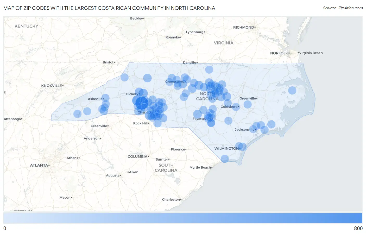 Zip Codes with the Largest Costa Rican Community in North Carolina Map