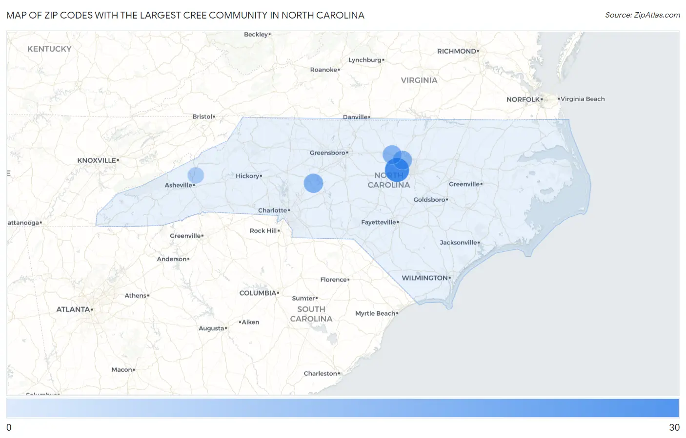 Zip Codes with the Largest Cree Community in North Carolina Map