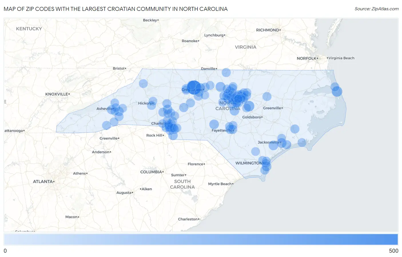 Zip Codes with the Largest Croatian Community in North Carolina Map