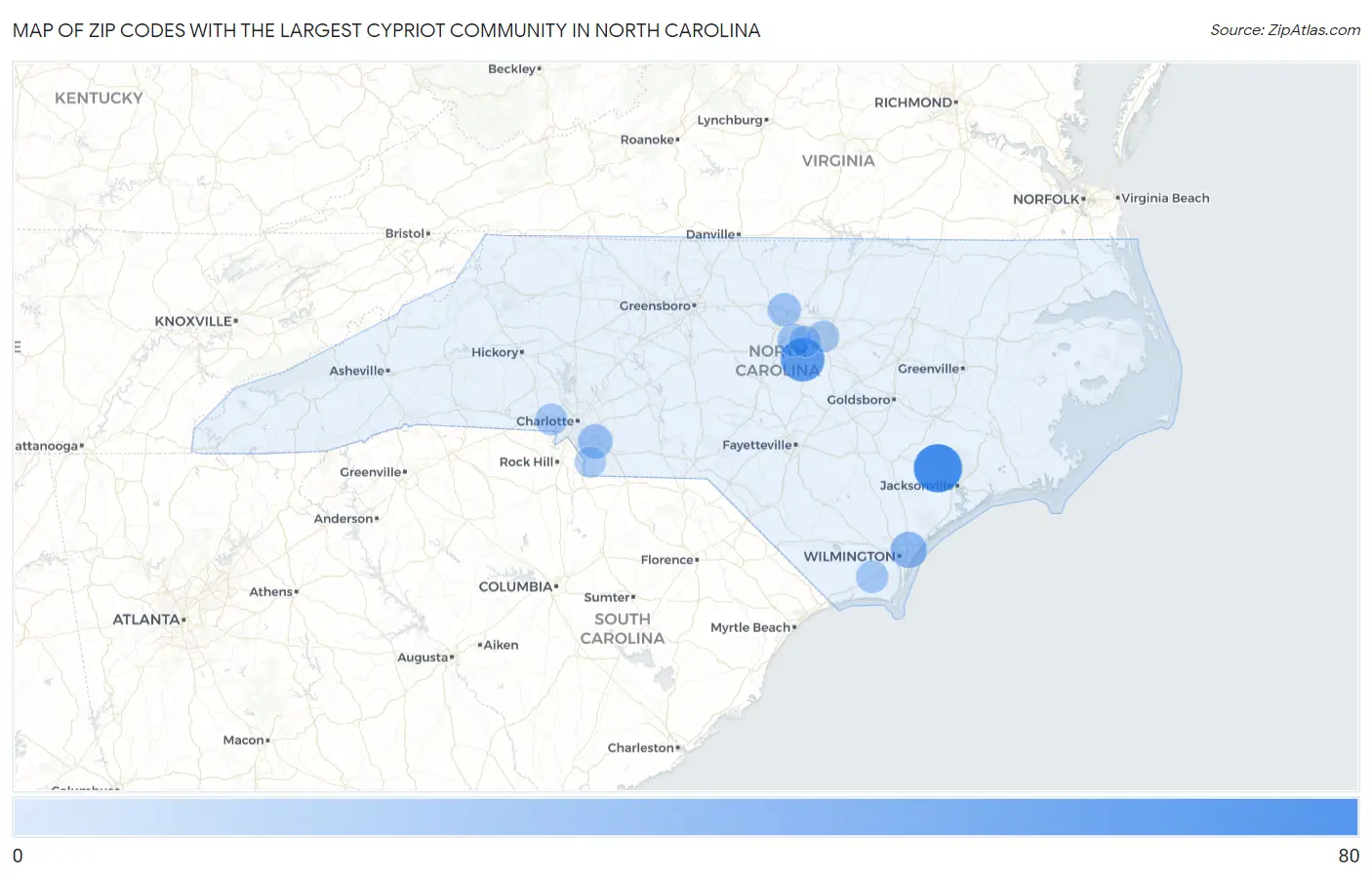 Zip Codes with the Largest Cypriot Community in North Carolina Map