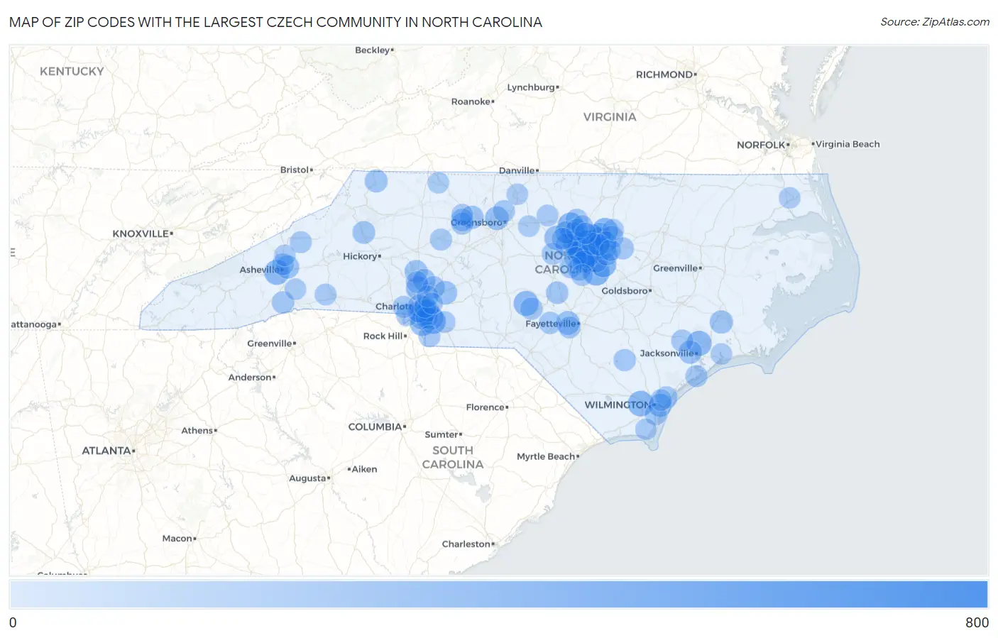 Zip Codes with the Largest Czech Community in North Carolina Map
