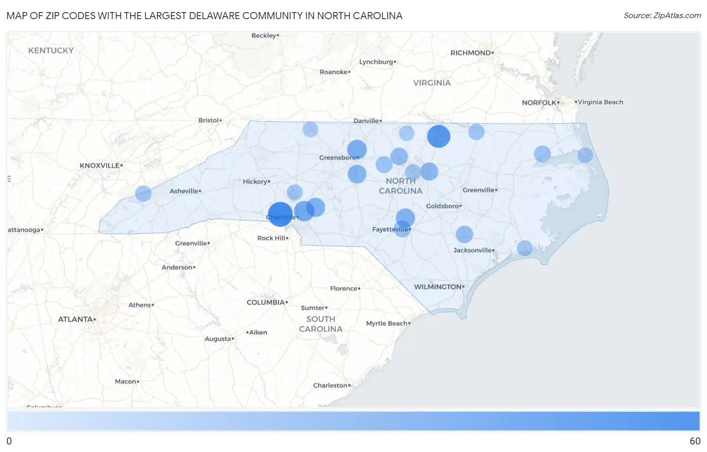 Zip Codes with the Largest Delaware Community in North Carolina Map