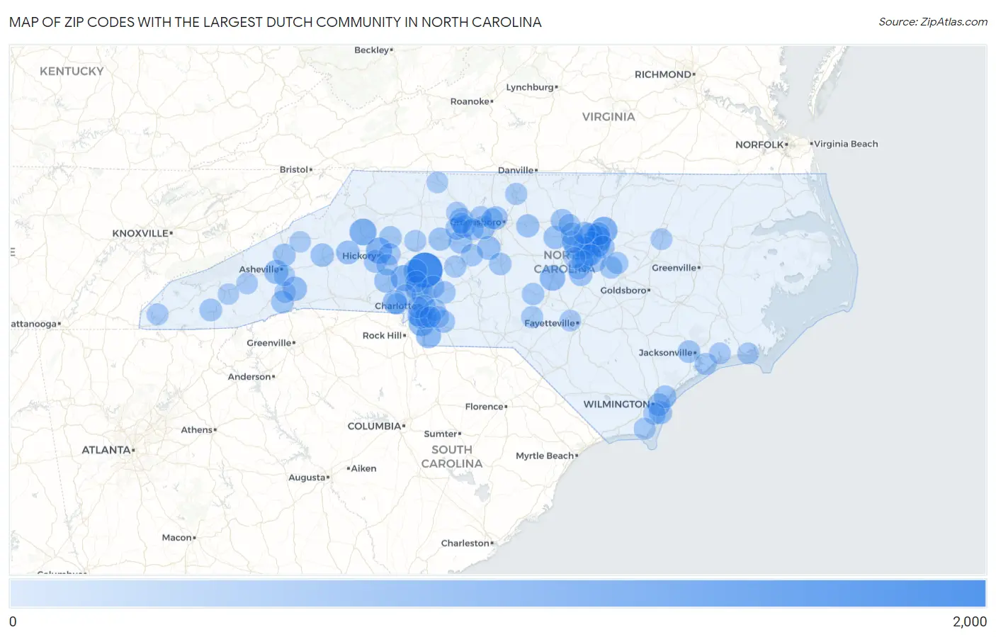 Zip Codes with the Largest Dutch Community in North Carolina Map