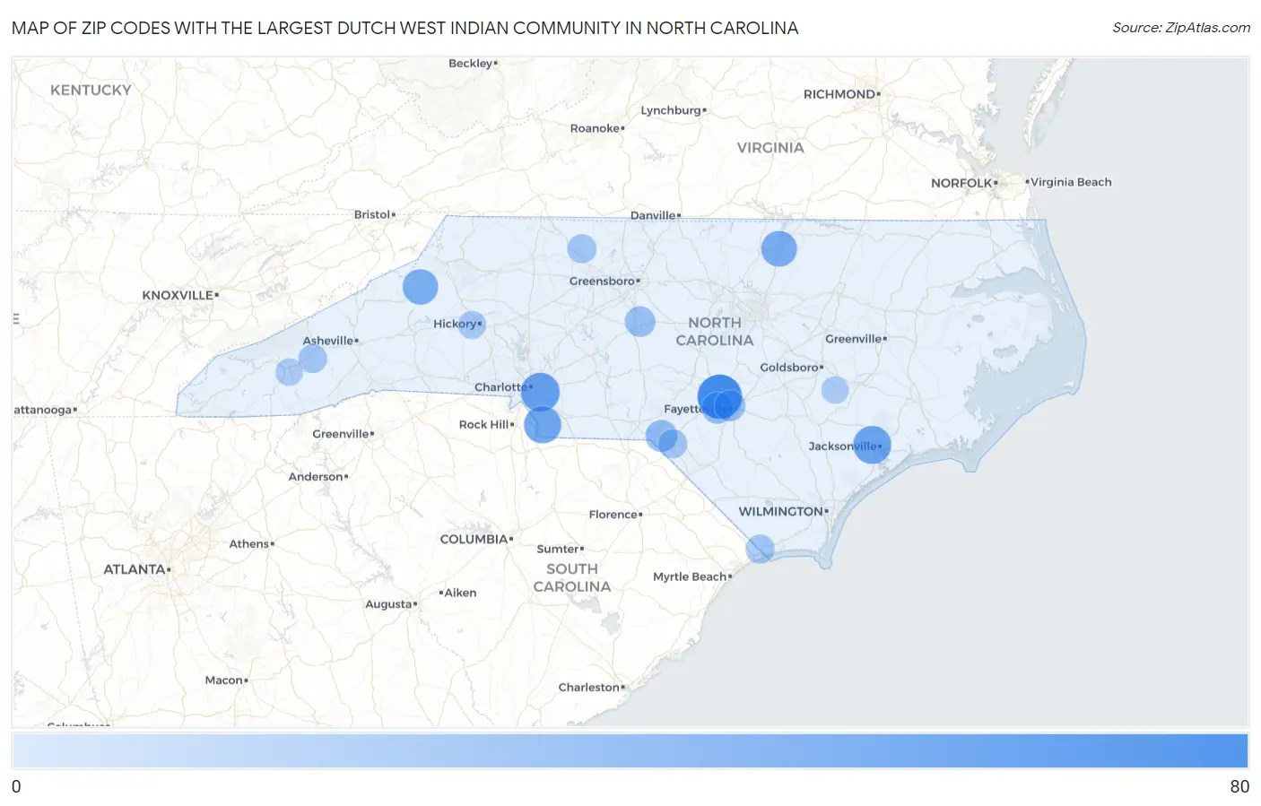 Zip Codes with the Largest Dutch West Indian Community in North Carolina Map