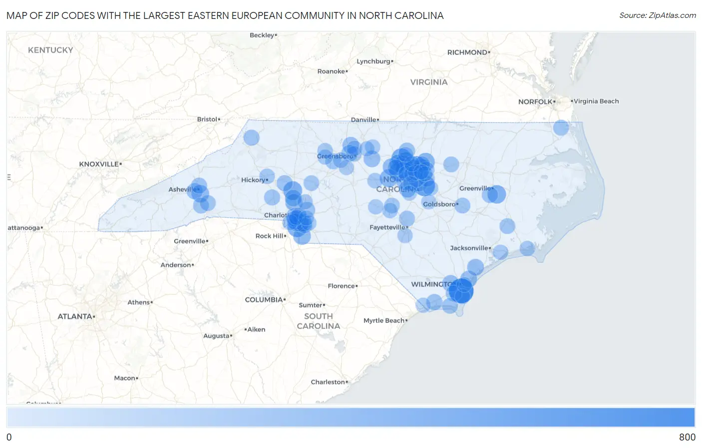 Zip Codes with the Largest Eastern European Community in North Carolina Map