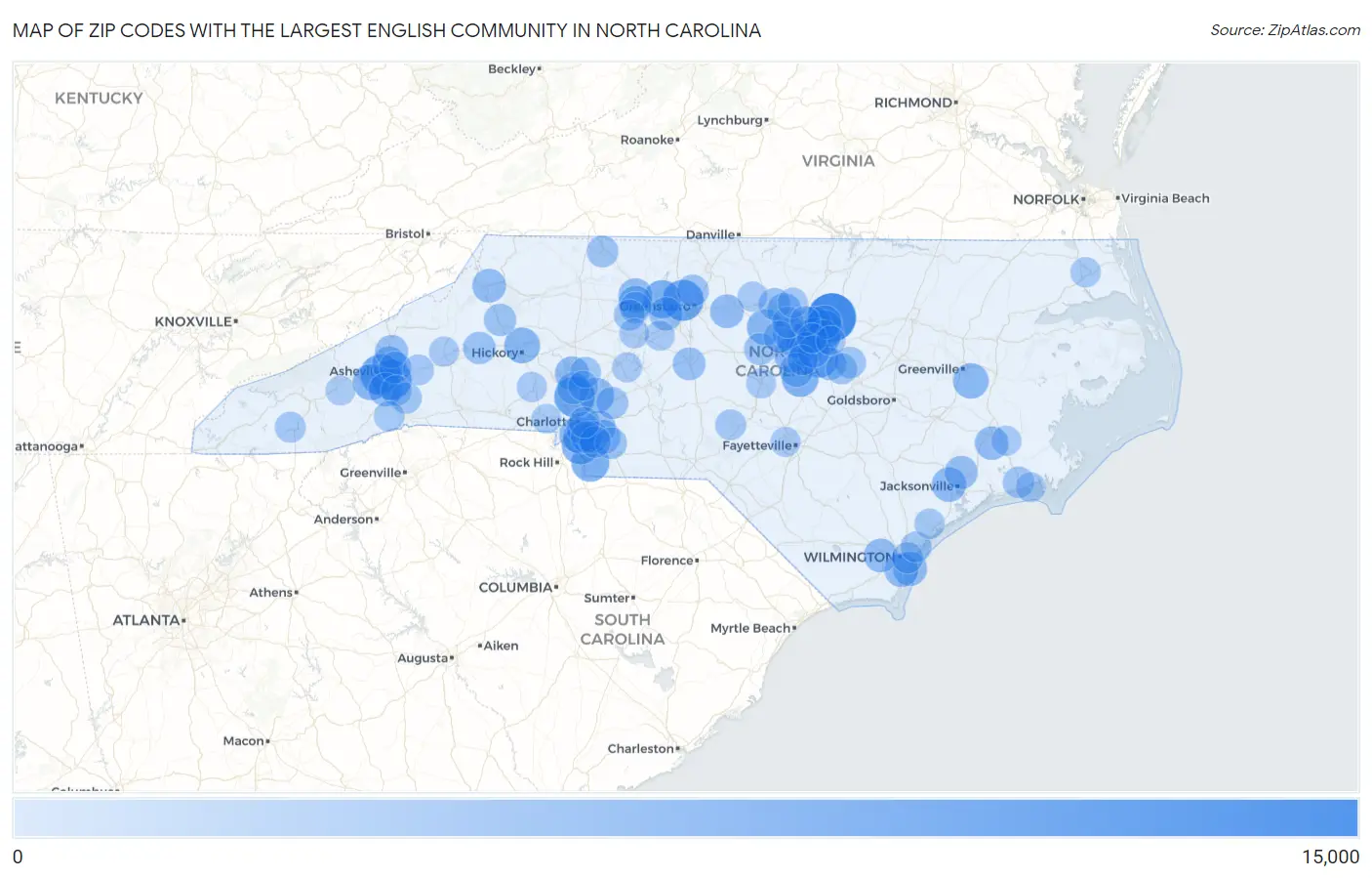 Zip Codes with the Largest English Community in North Carolina Map
