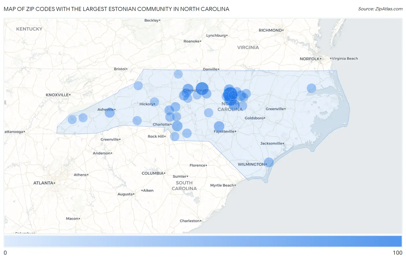 Zip Codes with the Largest Estonian Community in North Carolina Map