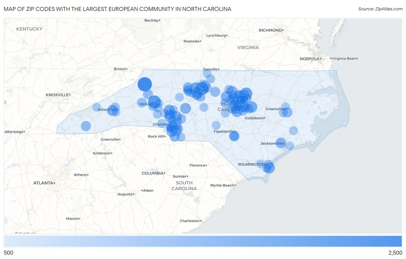 Zip Codes with the Largest European Community in North Carolina Map