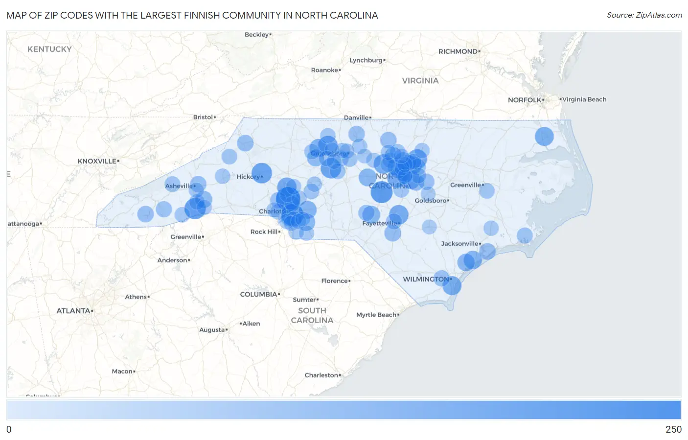 Zip Codes with the Largest Finnish Community in North Carolina Map