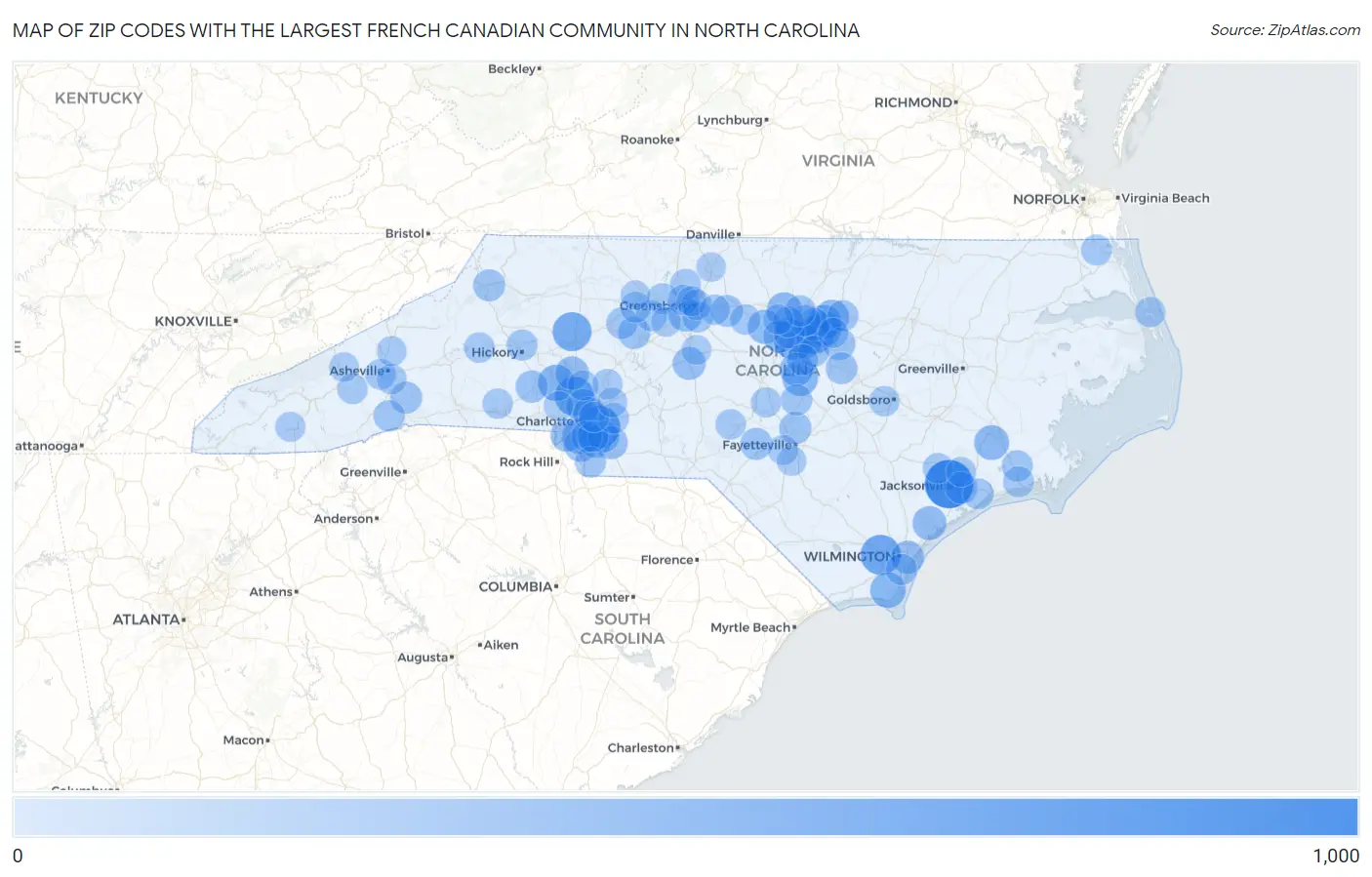 Zip Codes with the Largest French Canadian Community in North Carolina Map