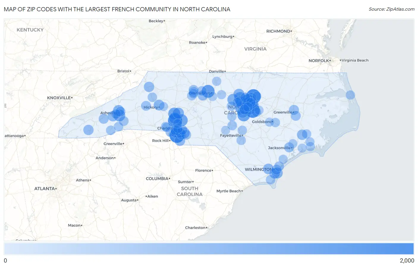 Zip Codes with the Largest French Community in North Carolina Map