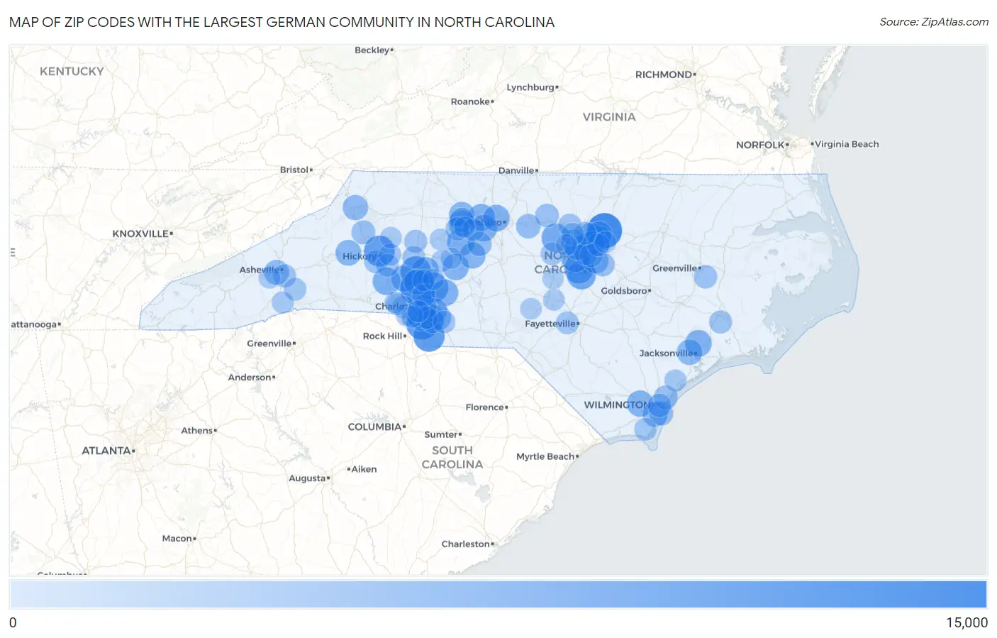 Zip Codes with the Largest German Community in North Carolina Map