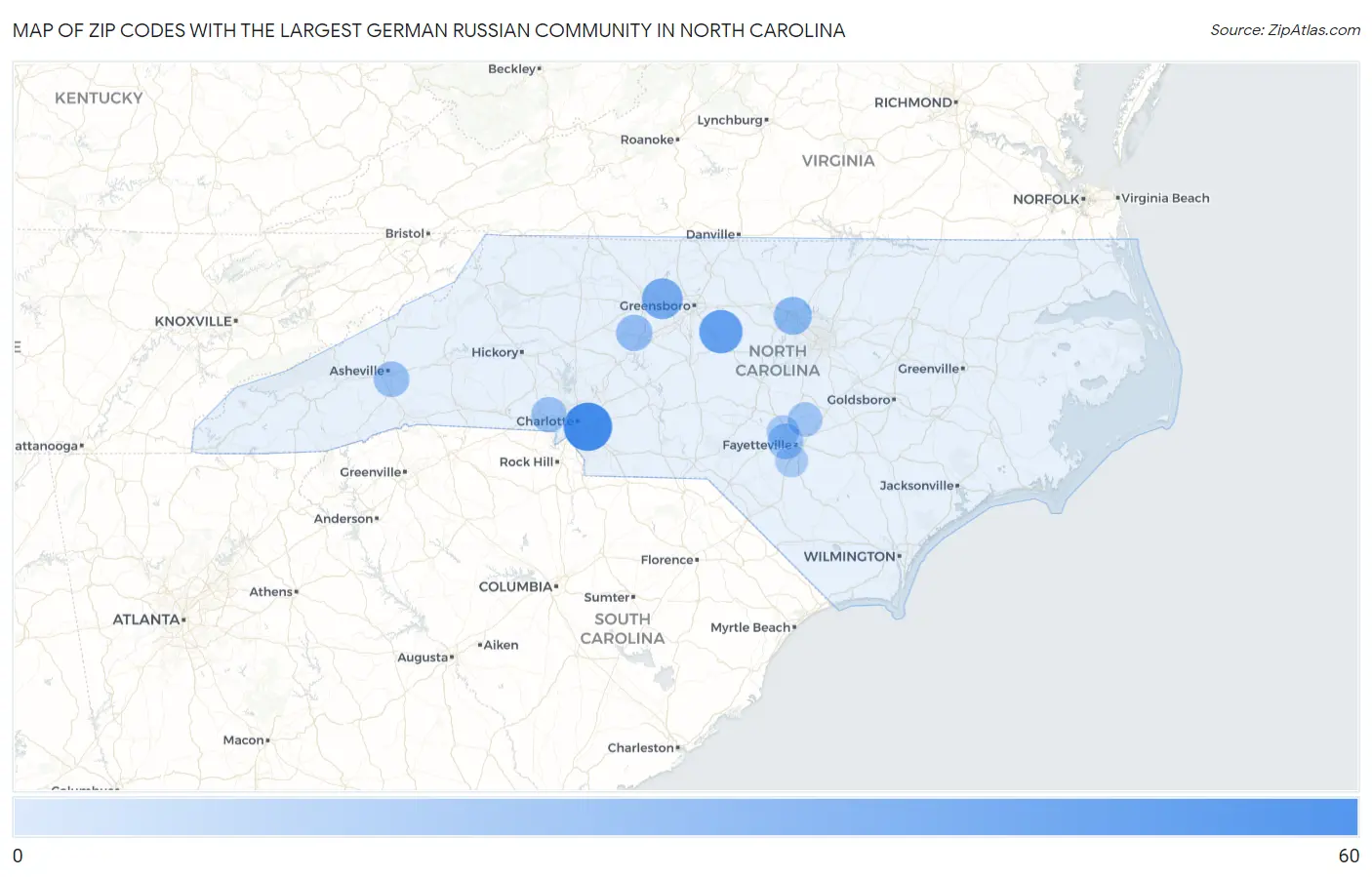 Zip Codes with the Largest German Russian Community in North Carolina Map