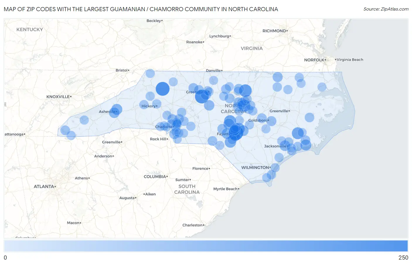 Zip Codes with the Largest Guamanian / Chamorro Community in North Carolina Map