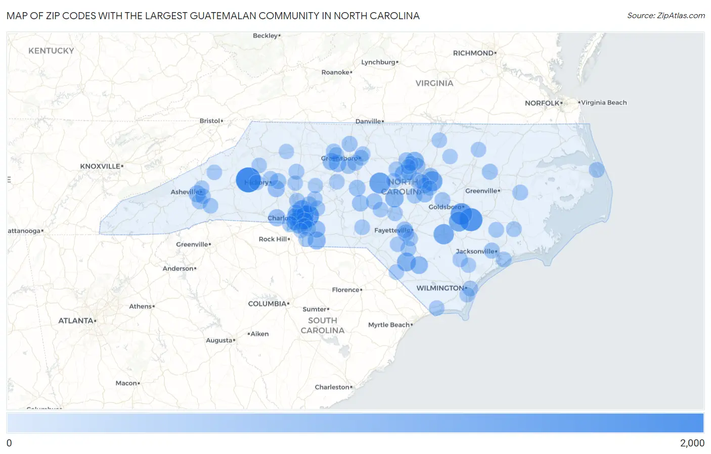 Zip Codes with the Largest Guatemalan Community in North Carolina Map