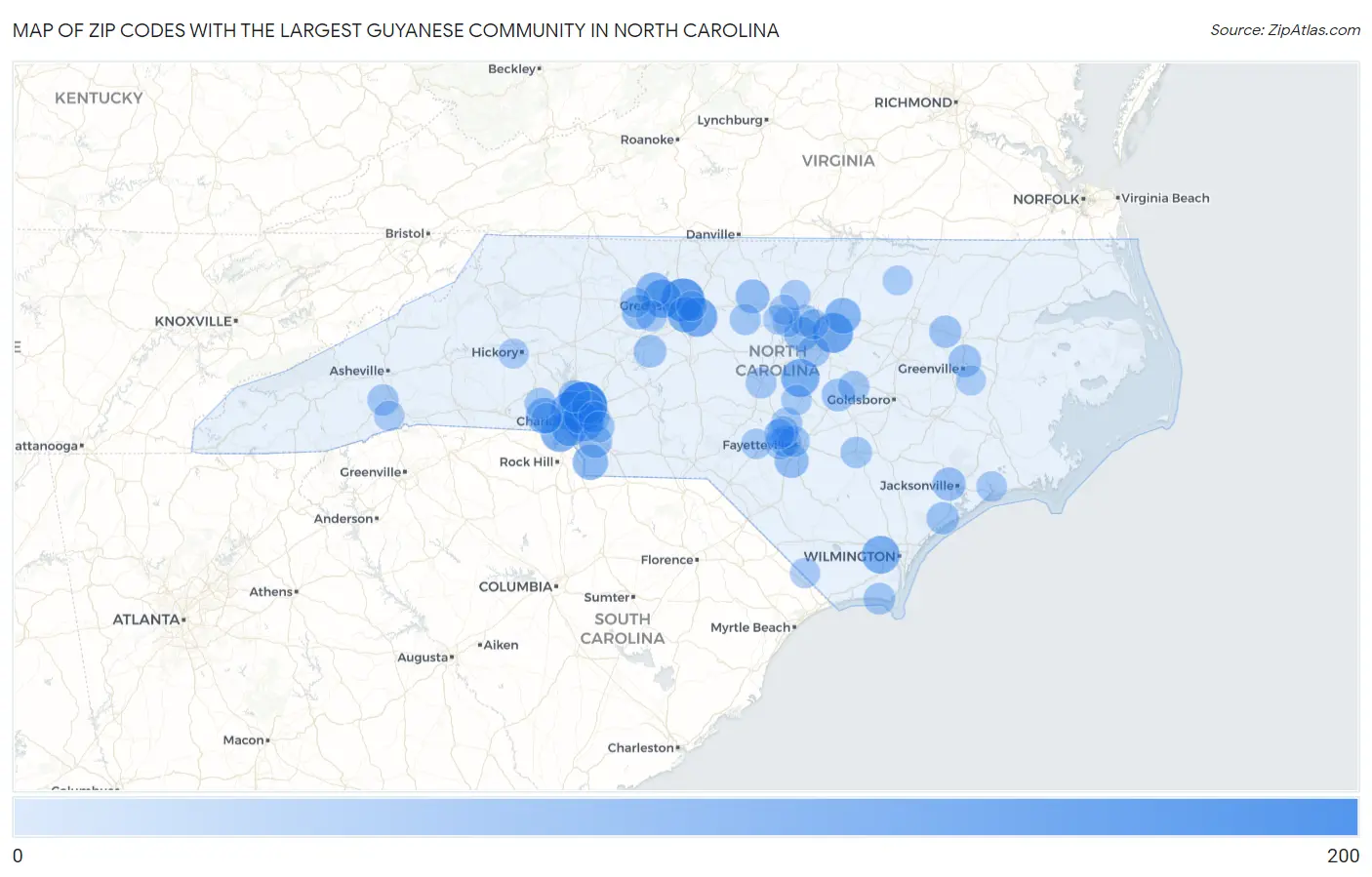 Zip Codes with the Largest Guyanese Community in North Carolina Map