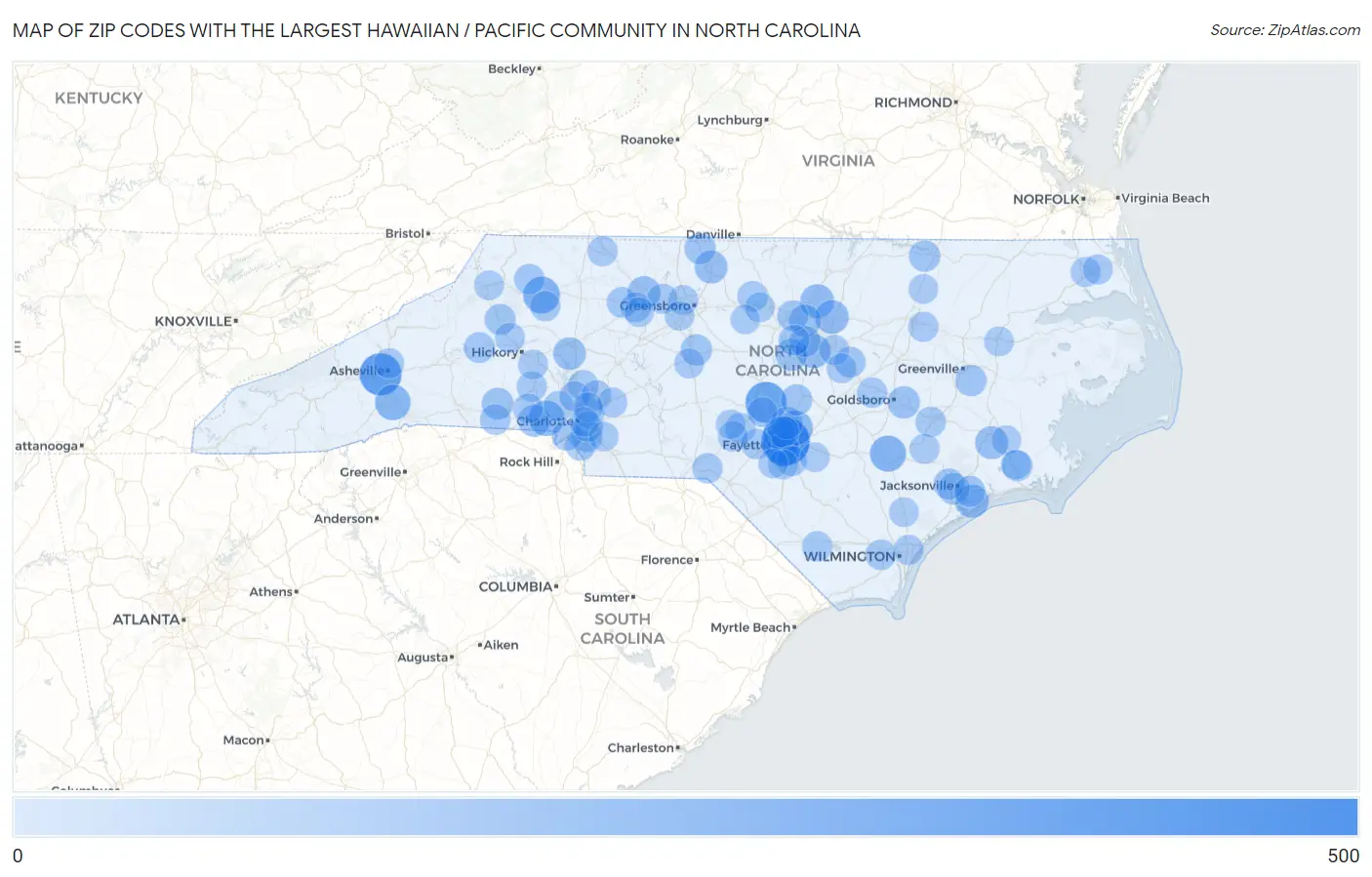 Zip Codes with the Largest Hawaiian / Pacific Community in North Carolina Map