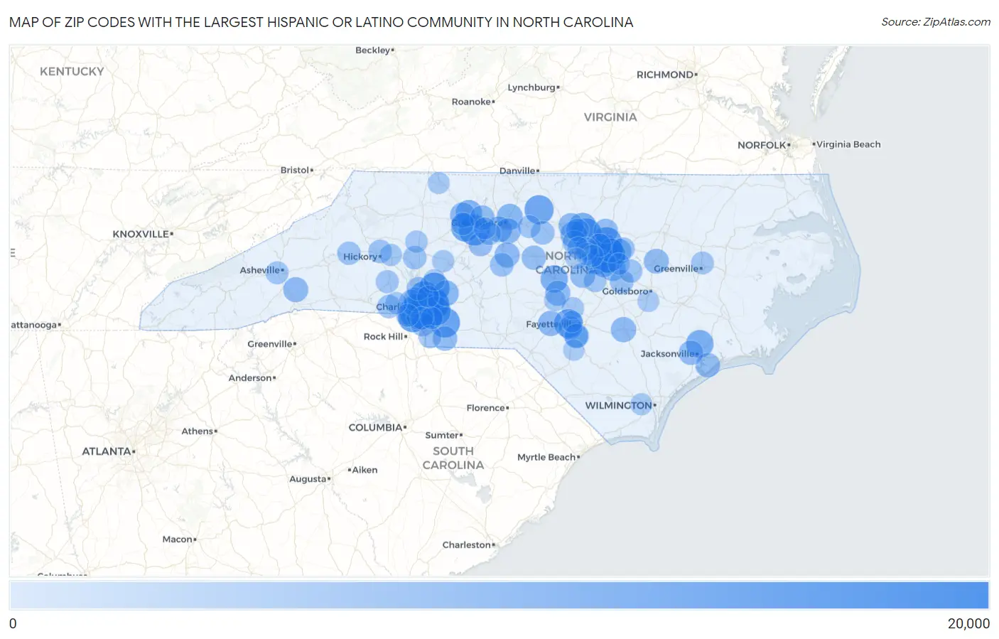 Zip Codes with the Largest Hispanic or Latino Community in North Carolina Map