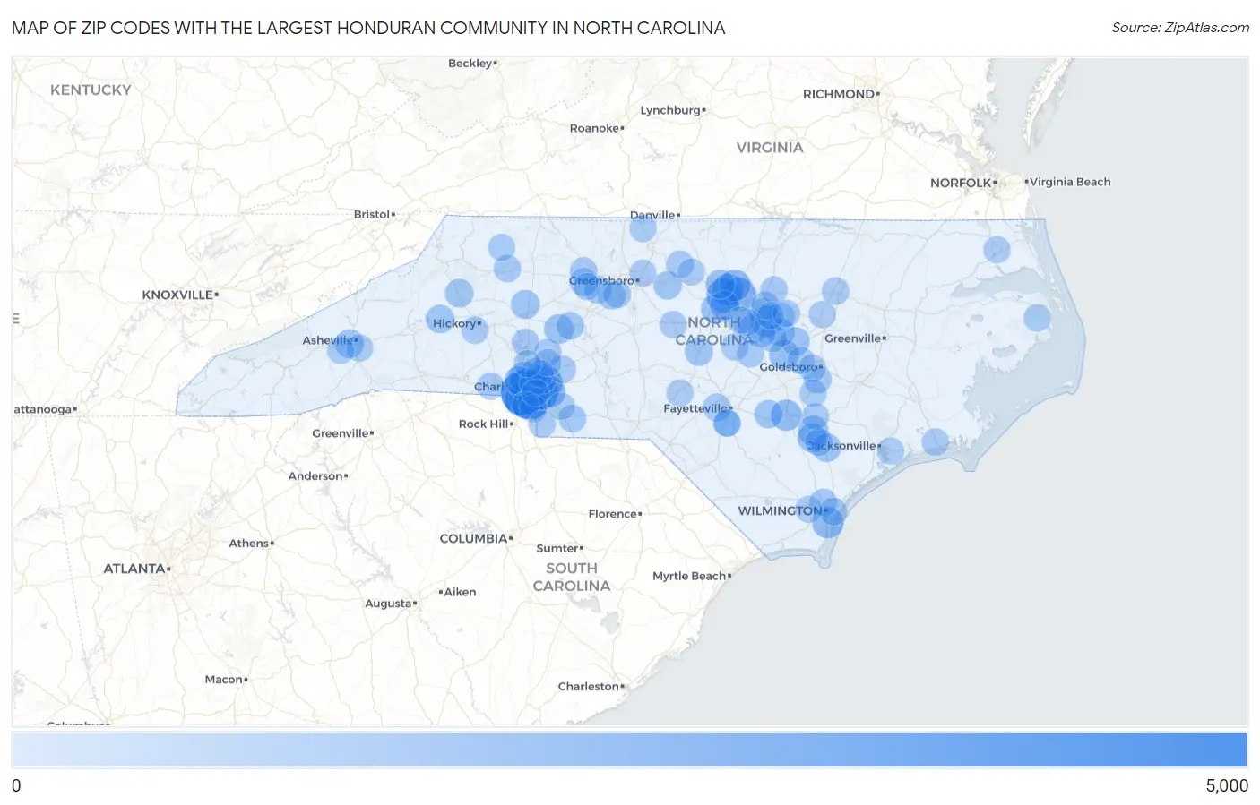 Zip Codes with the Largest Honduran Community in North Carolina Map