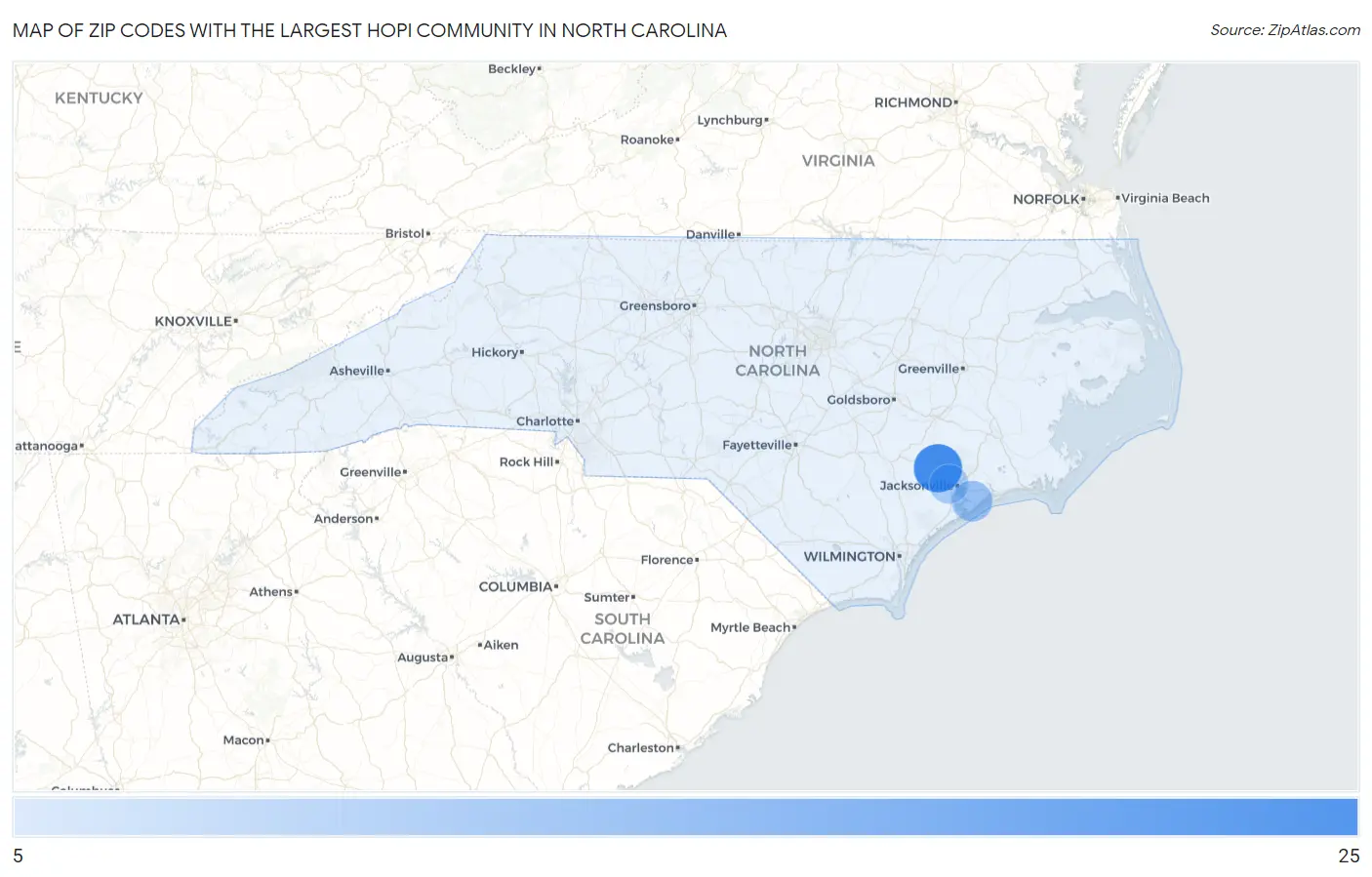 Zip Codes with the Largest Hopi Community in North Carolina Map
