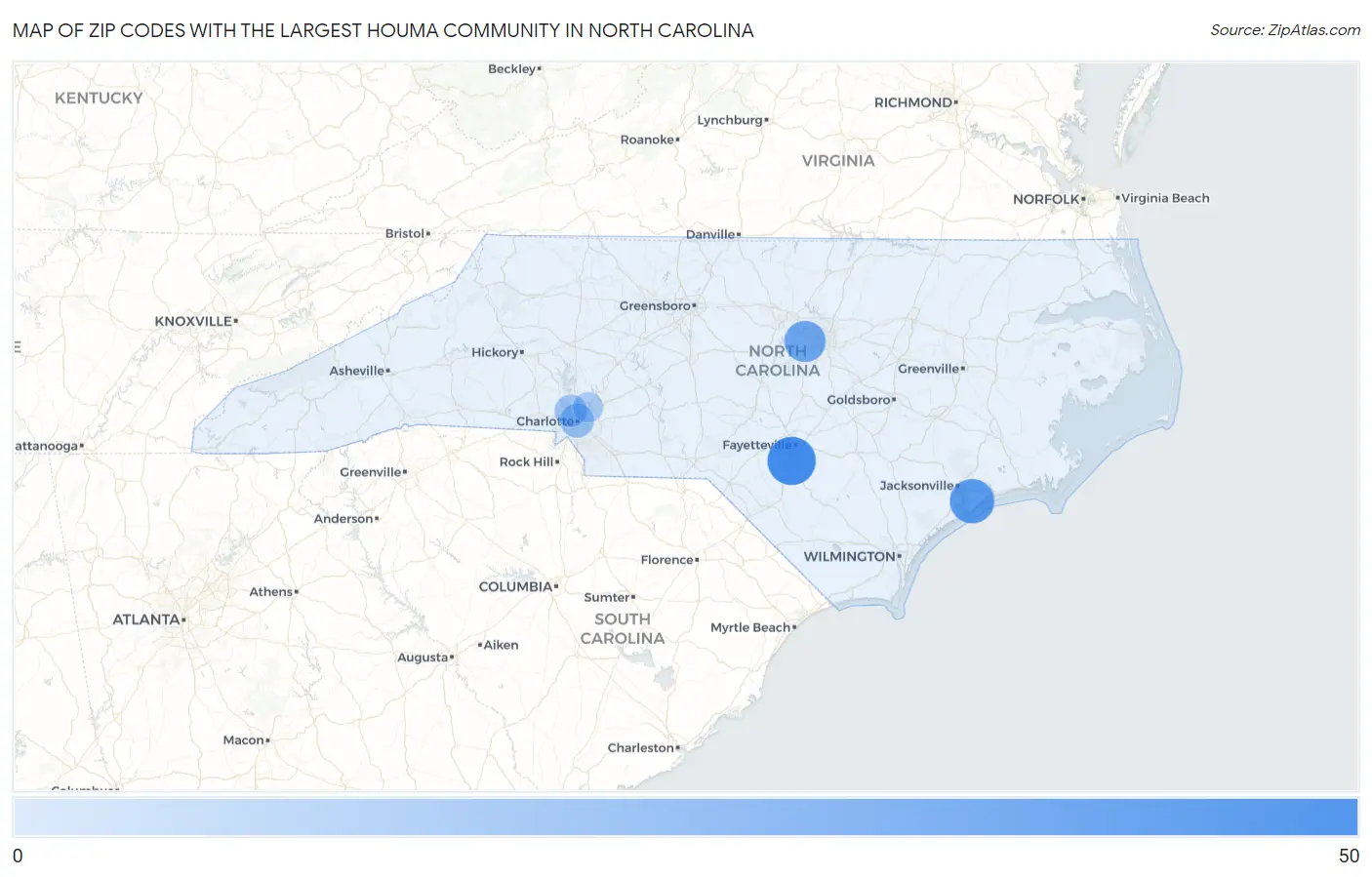 Zip Codes with the Largest Houma Community in North Carolina Map