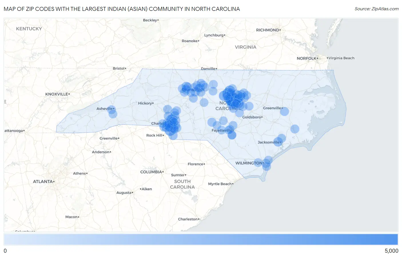 Zip Codes with the Largest Indian (Asian) Community in North Carolina Map