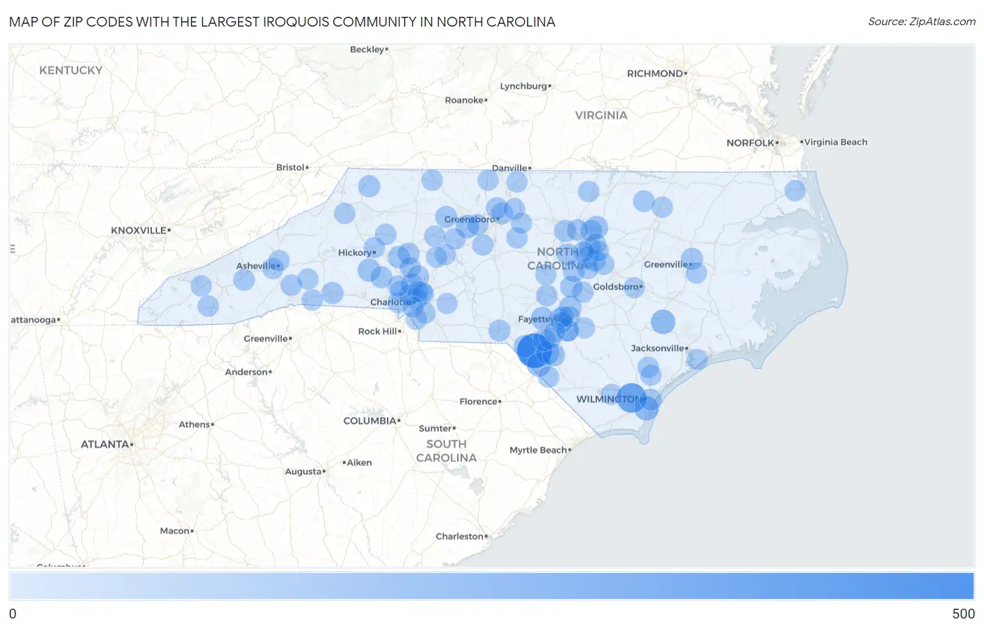 Zip Codes with the Largest Iroquois Community in North Carolina Map
