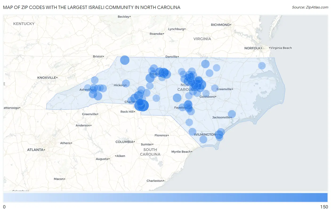 Zip Codes with the Largest Israeli Community in North Carolina Map