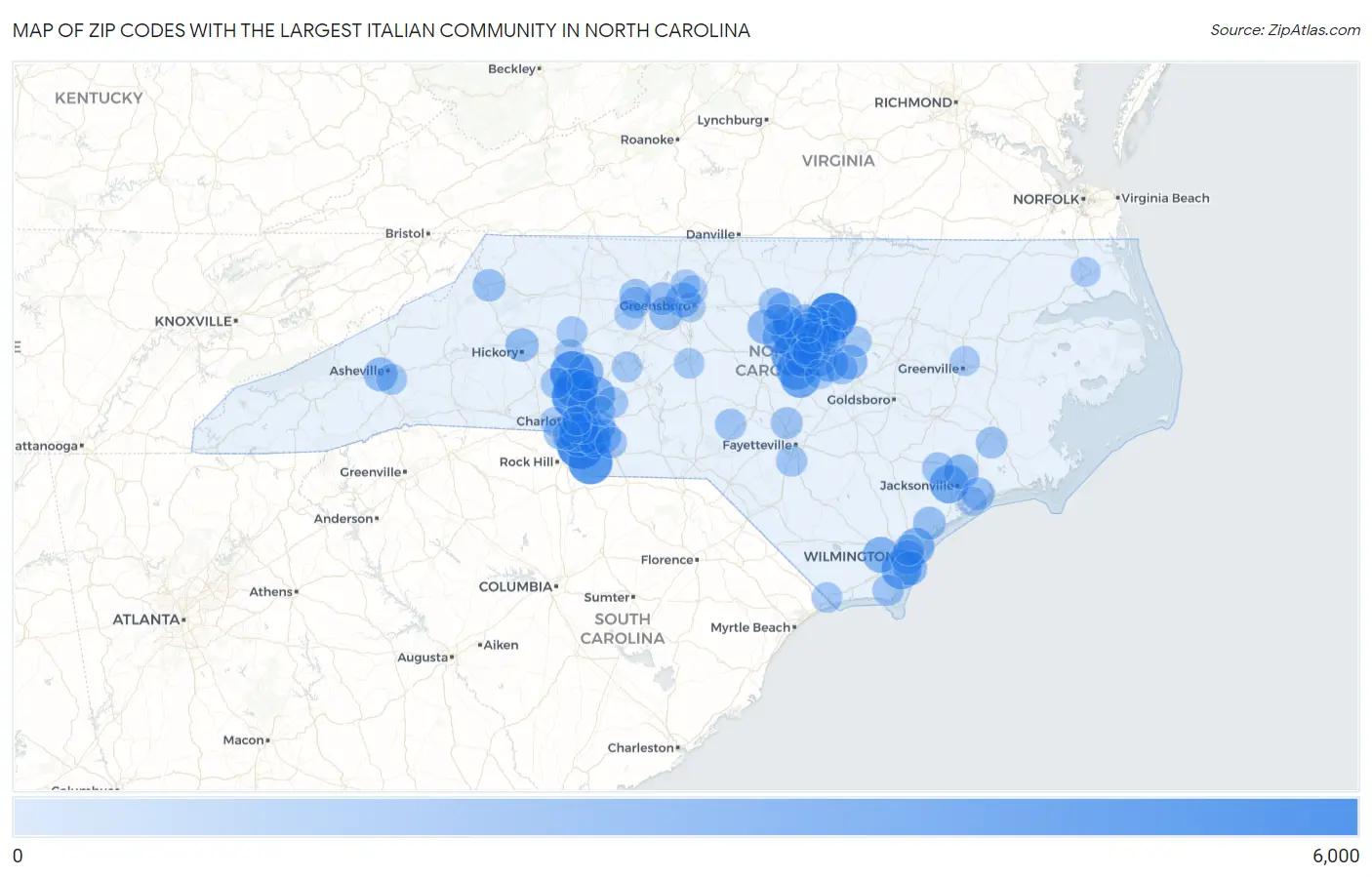 Zip Codes with the Largest Italian Community in North Carolina Map