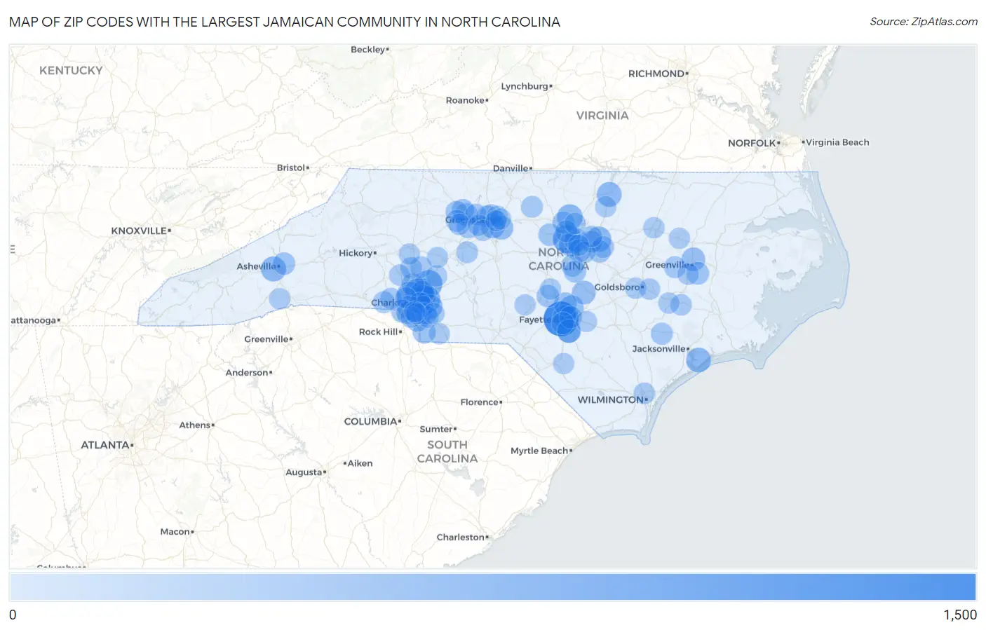Zip Codes with the Largest Jamaican Community in North Carolina Map