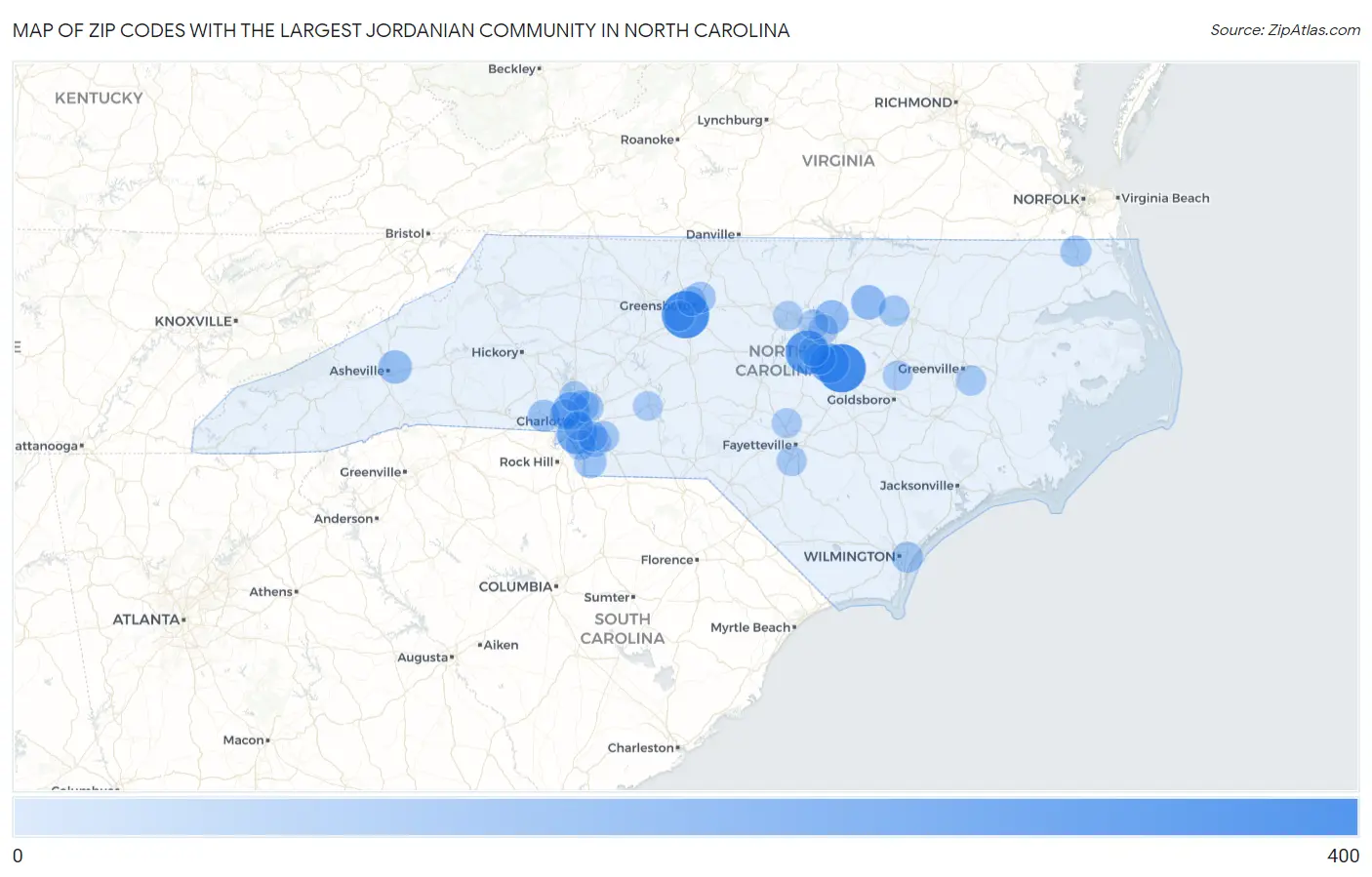 Zip Codes with the Largest Jordanian Community in North Carolina Map