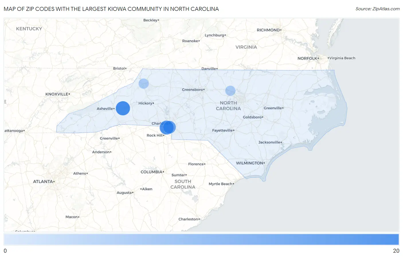 Zip Codes with the Largest Kiowa Community in North Carolina Map