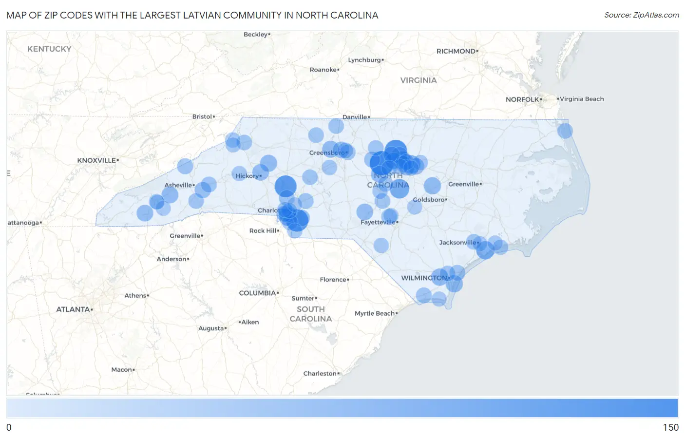 Zip Codes with the Largest Latvian Community in North Carolina Map