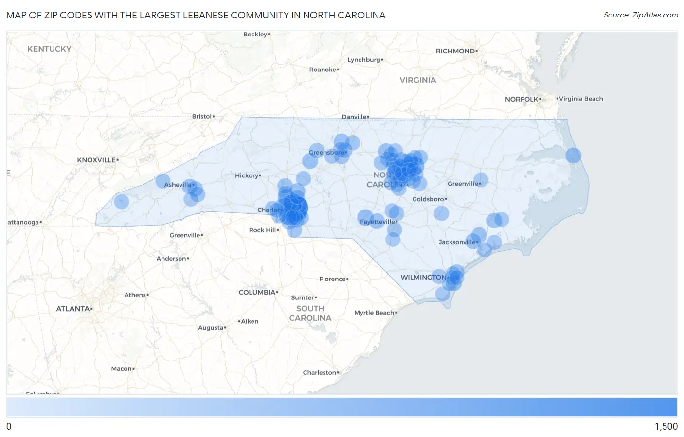Zip Codes with the Largest Lebanese Community in North Carolina Map
