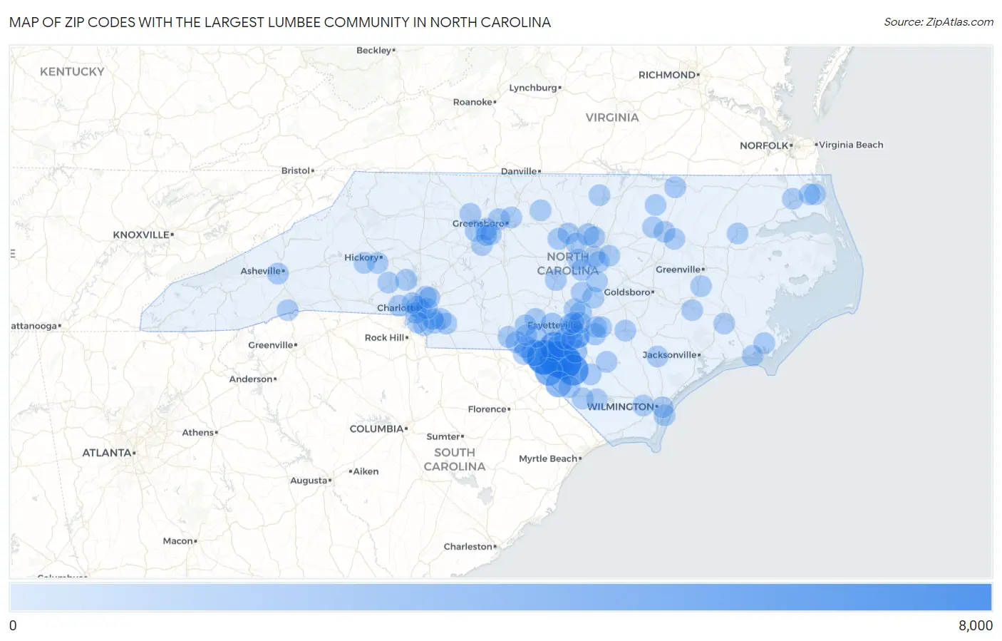 Zip Codes with the Largest Lumbee Community in North Carolina Map