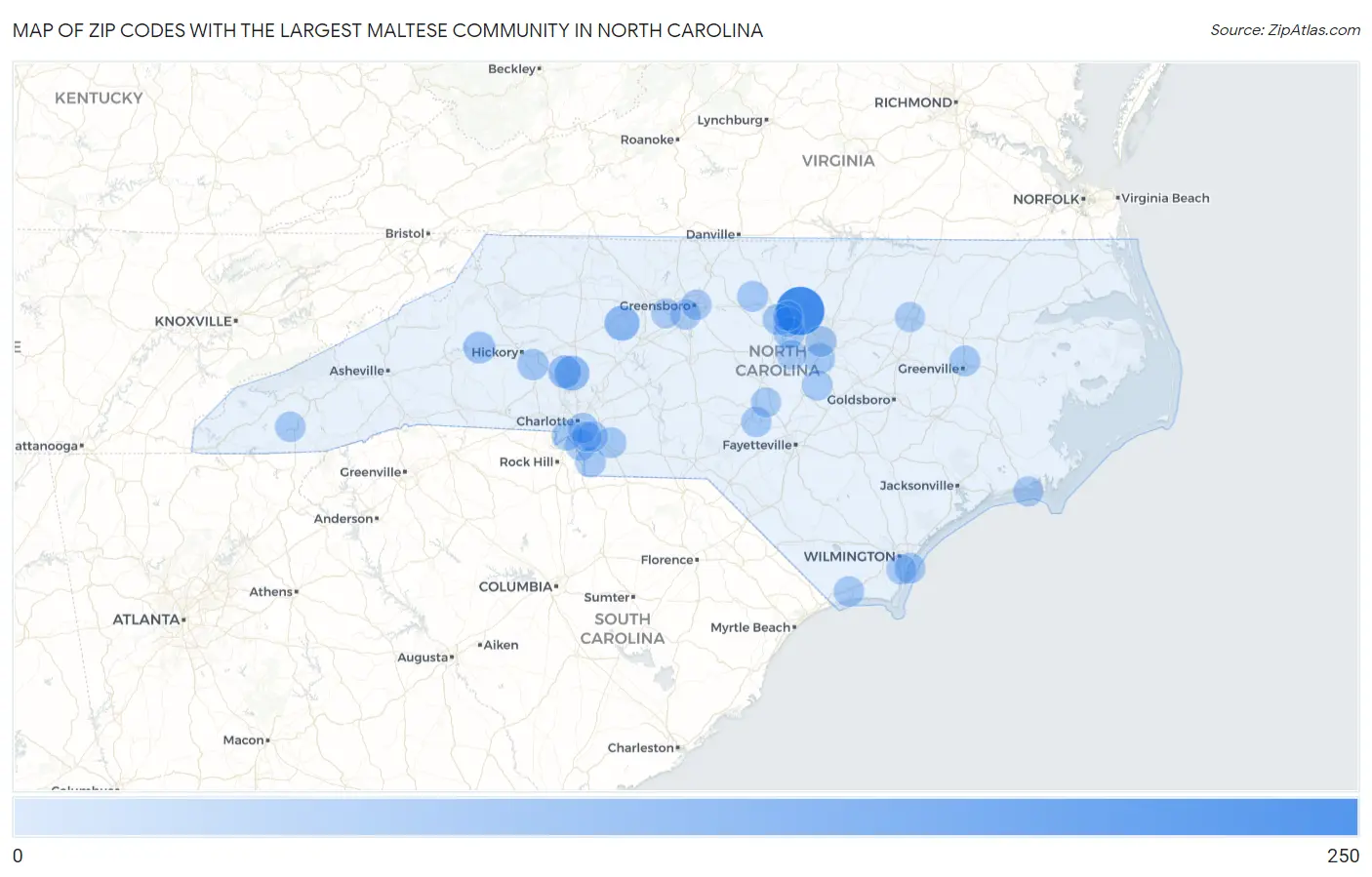 Zip Codes with the Largest Maltese Community in North Carolina Map