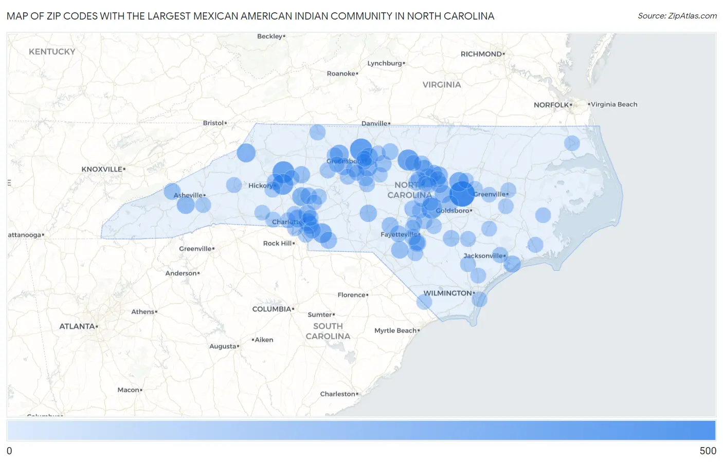 Zip Codes with the Largest Mexican American Indian Community in North Carolina Map