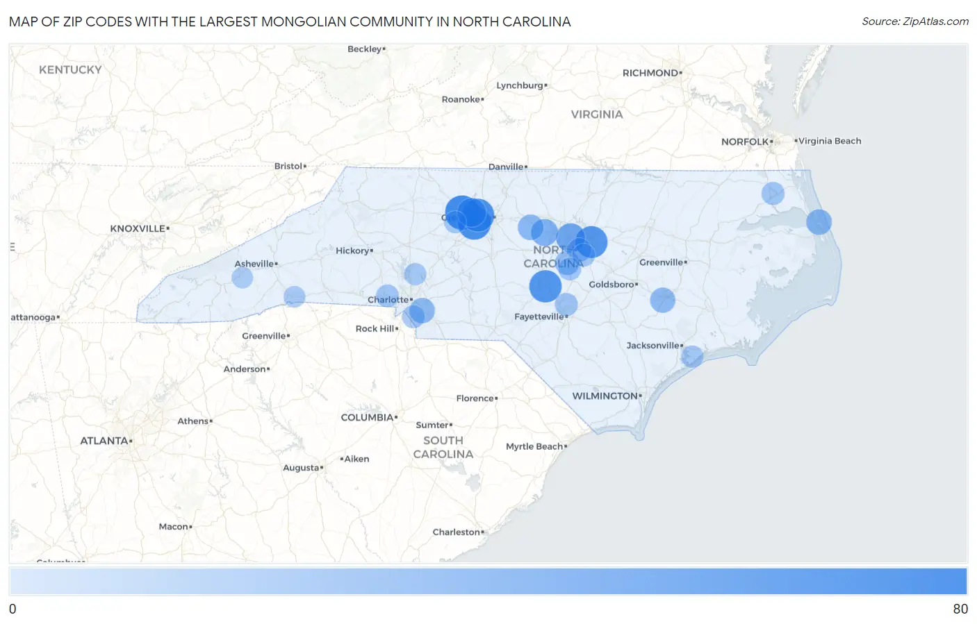 Zip Codes with the Largest Mongolian Community in North Carolina Map