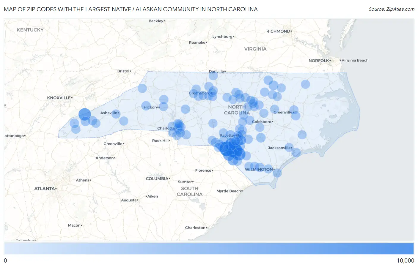 Zip Codes with the Largest Native / Alaskan Community in North Carolina Map